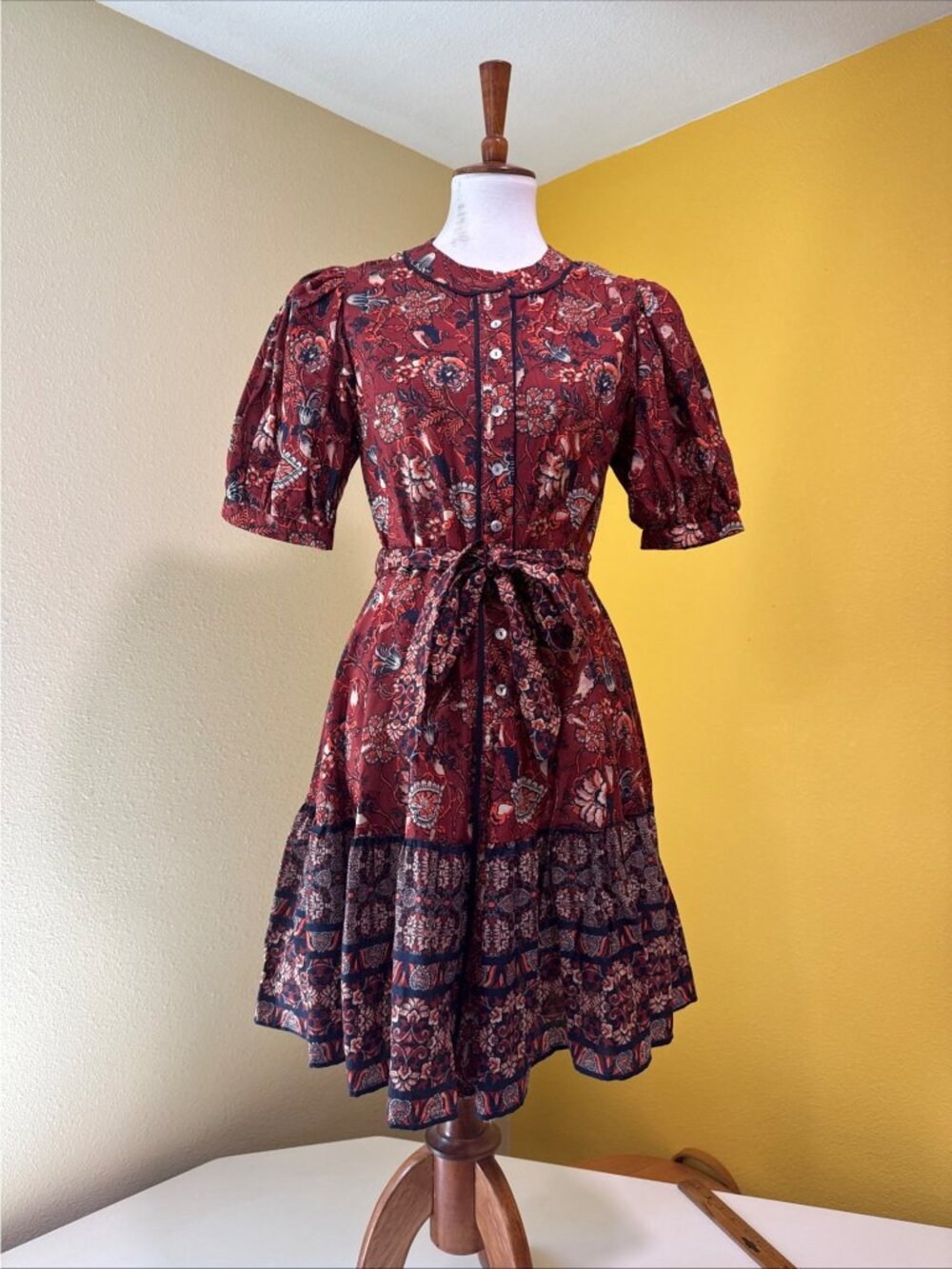 A Loves A Womens Red Floral Puff Sleeve Midi Dress With Belt Button Front And Pe